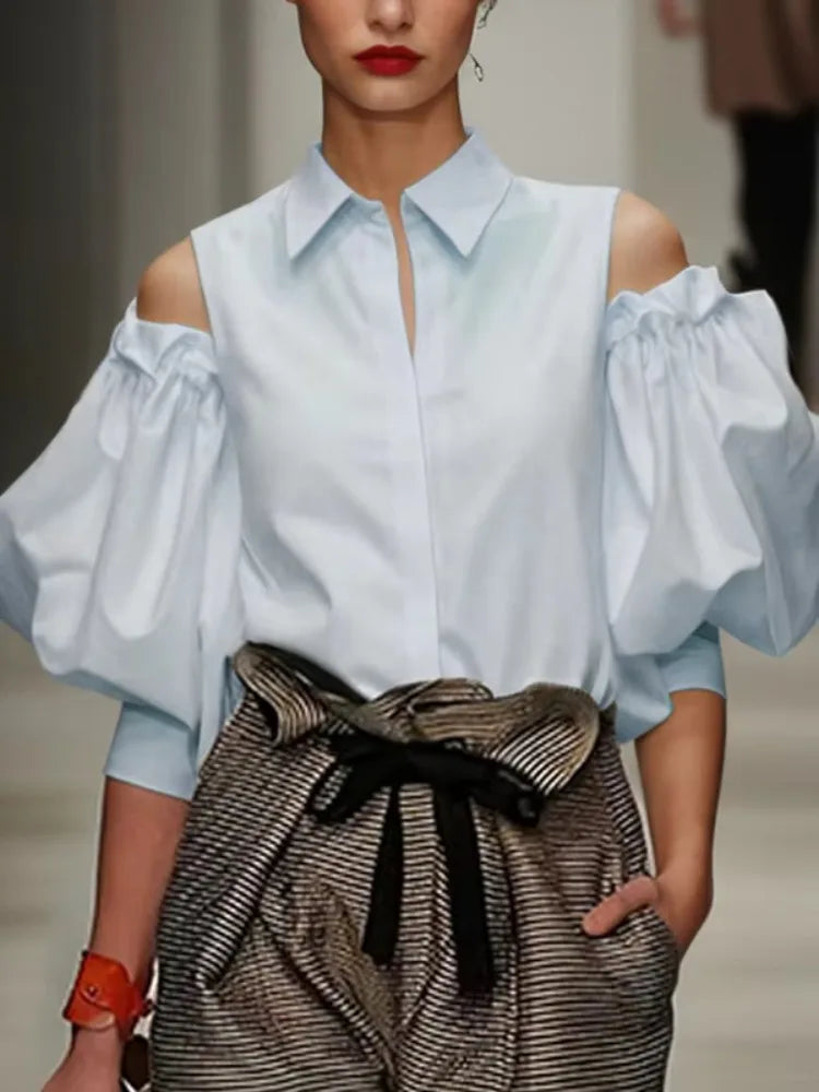 Blouse – Cold Shoulder Lapel – Puff Sleeve – Loose Fit | KIMLUD