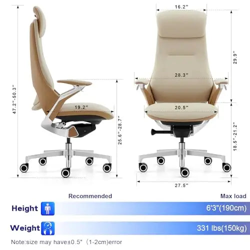 Genuine Leather Executive Office Chair，Top-Grain Cowhide, Ergonomic Design | Adjustable seat and rest heights