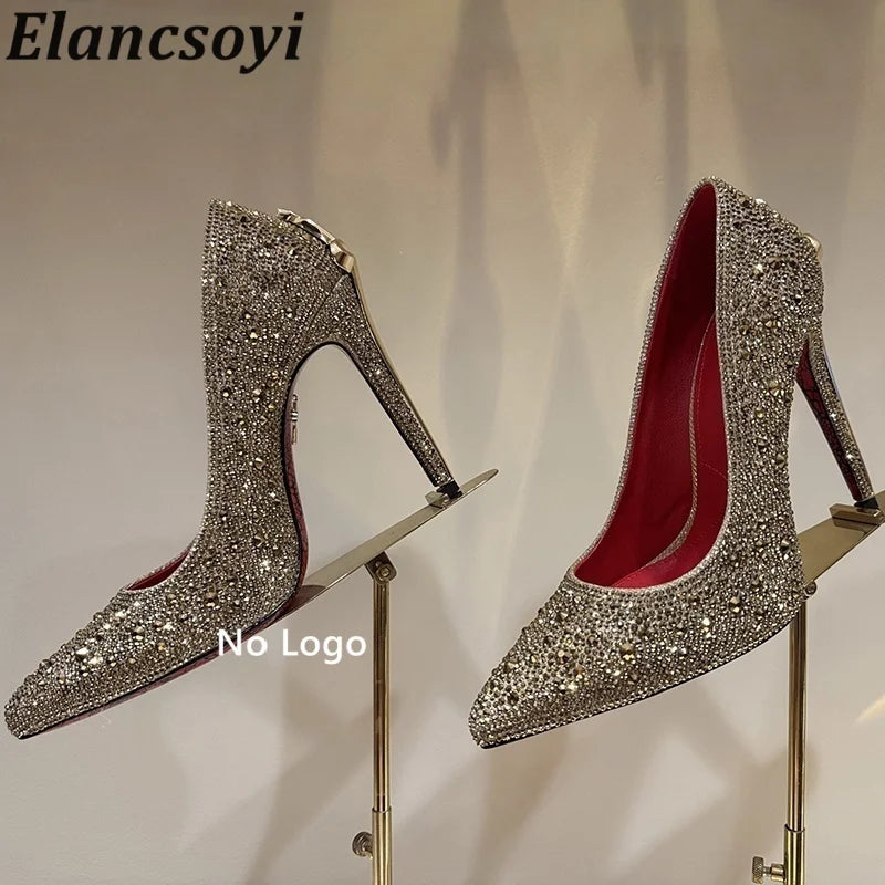Leather Pumps With Metal High Heels Metal-Embellished Shaft Sculpted Pointed Toe — Gold | KIMLUD