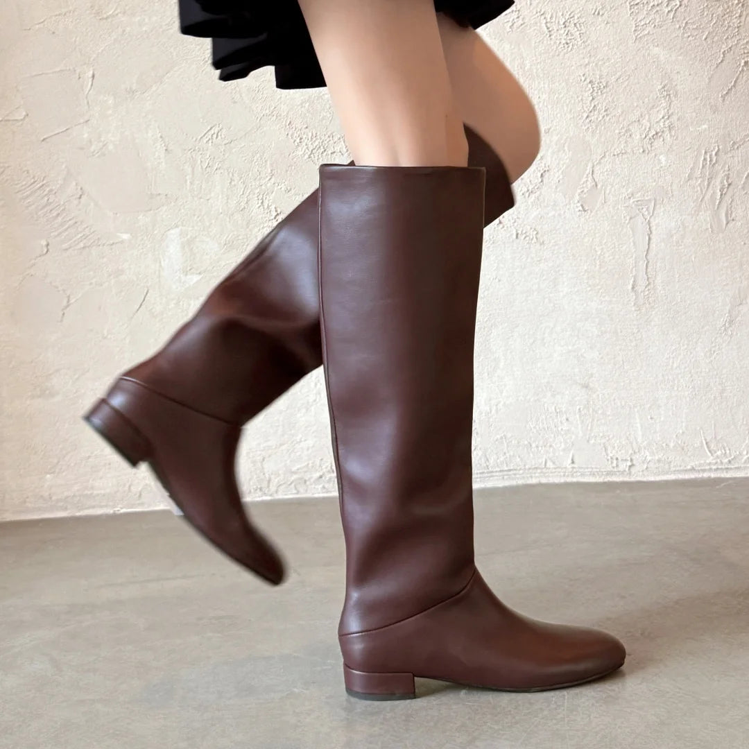 Women's genuine leather round toe slip-on flats autumn knee high boots casual female soft comfortable knight boots shoes woman