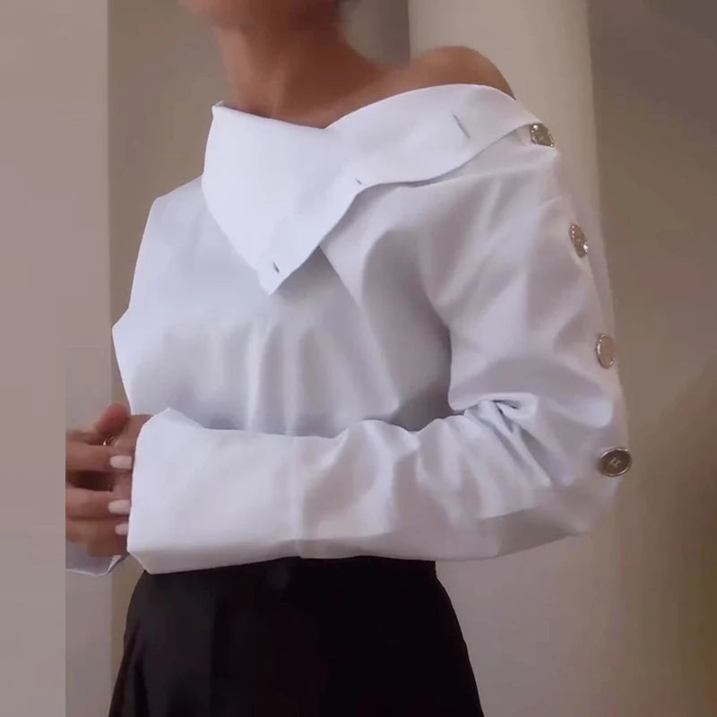 KIMLUD, Office Ladies One Shoulder Temperament Blouse 2025 Fashion Metal Button Slim Shirts Vestido Women New White Long Sleeve Tops, 01 White / M, KIMLUD APPAREL - Womens Clothes