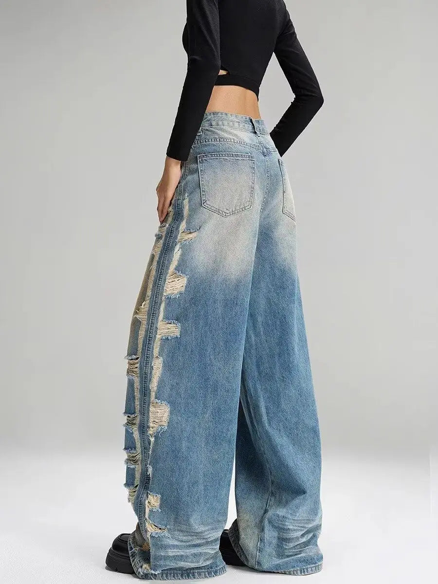 Jeans Ripped Tassel Wide Leg Denim — Blue | KIMLUD