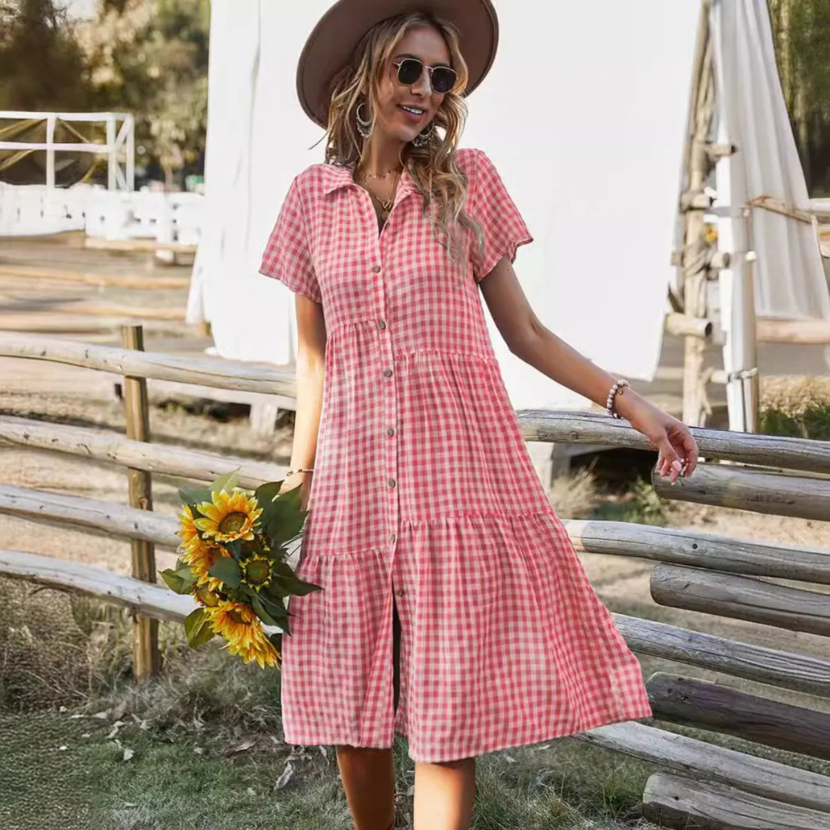 2026 Women's Checkered Short-Sleeve Shirtdress Single-breasted Button-down Short-sleeved Dress Casual Country-style Long Dress
