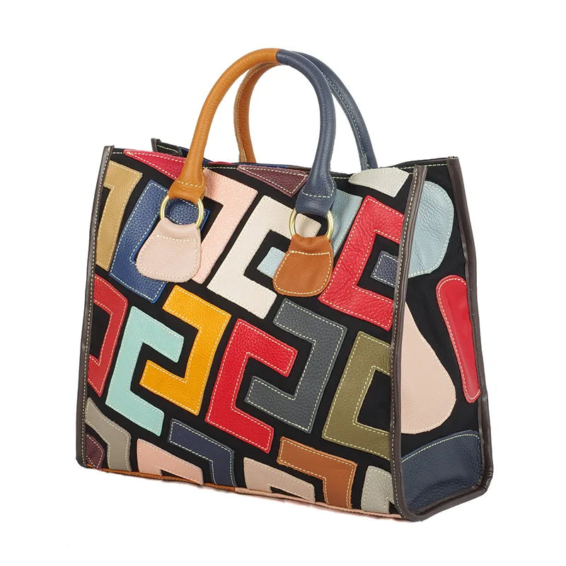 Genuine Leather Color-Contrasting Tote Bag — Black | KIMLUD