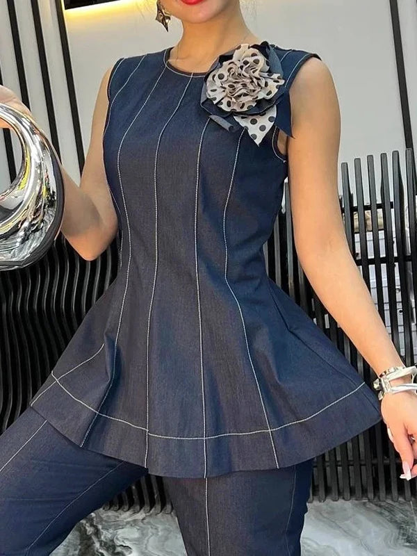 Krisstarsgirl 2025 Trendy Denim Blouse Office Lady Elegant Autumn Back Ziper 3D Flowers Woman Chic Summer Tops Sleeveless Vest