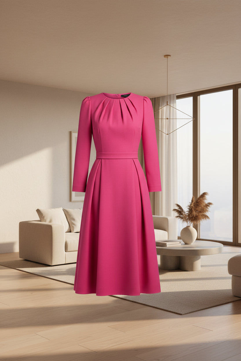 Pleated Jacquard Midi Dress Fit-and-Flare — Fuchsia | KIMLUD