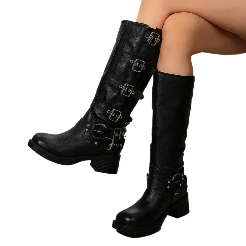 Winter Plus Size Solid Knee-High Boots 2024 Fashion Women's Shoes Slip-on Women's Boots Hot Sale Belt Buckle Modern Boots Women