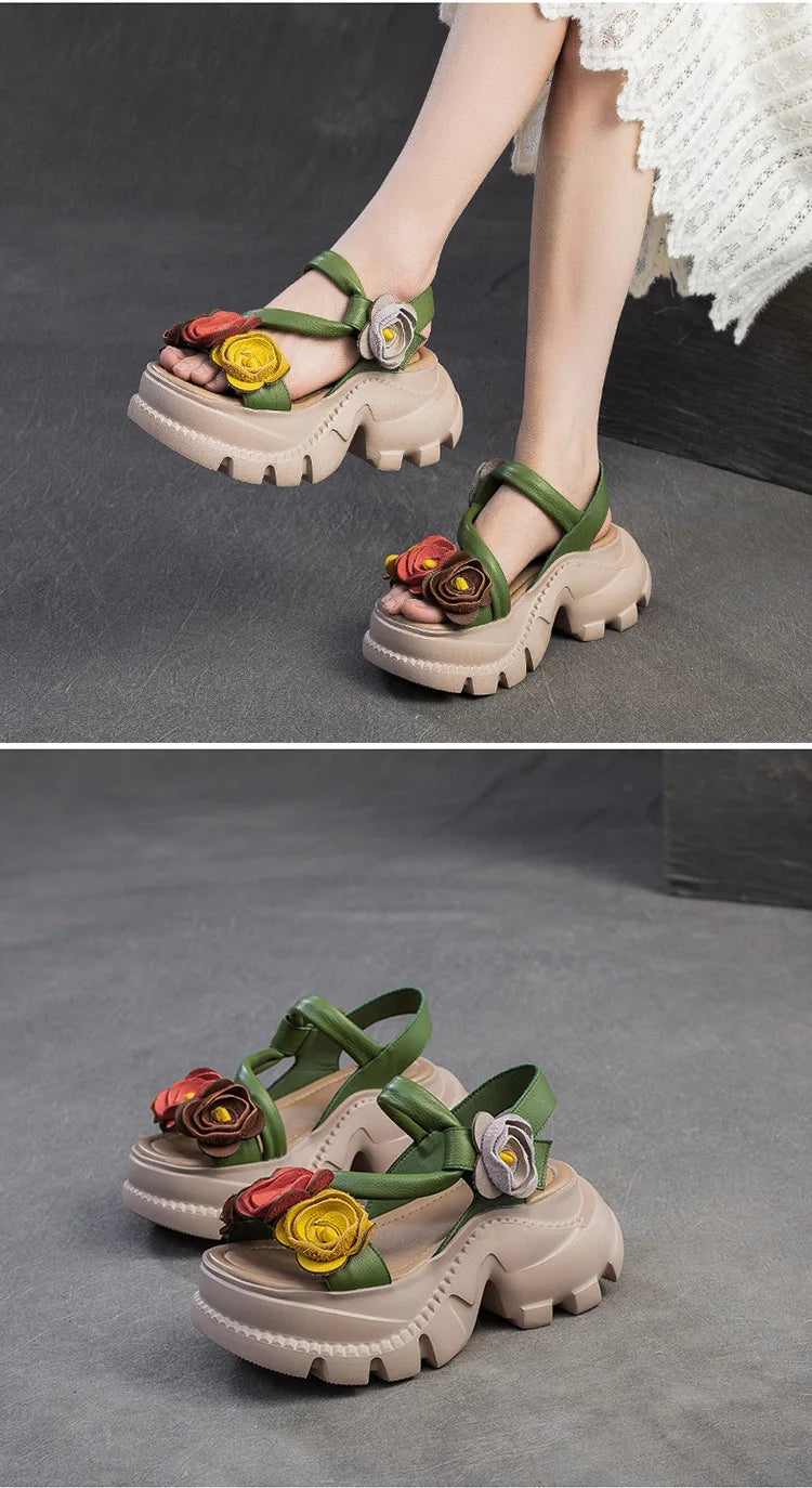 Koznoy 7cm Cow Genuine Leather Platform Wedge Women Summer Flower Slippers Pumps Hook Hollow Mary Jane Sandals Shoes Flats