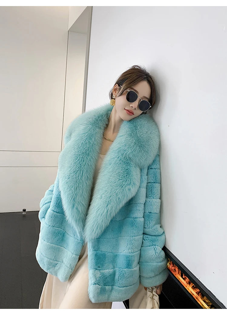 Winter Women Real Rex Rabbit Fur Coat 100% Natural Fur Jacket with Large Silver Fox Fur Collar Luxury Streetwear