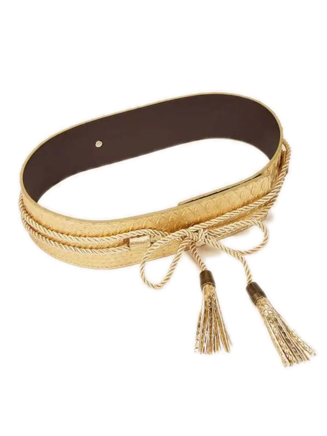 Tassel Decor Wide Belt Polyester PU — Gold | KIMLUD