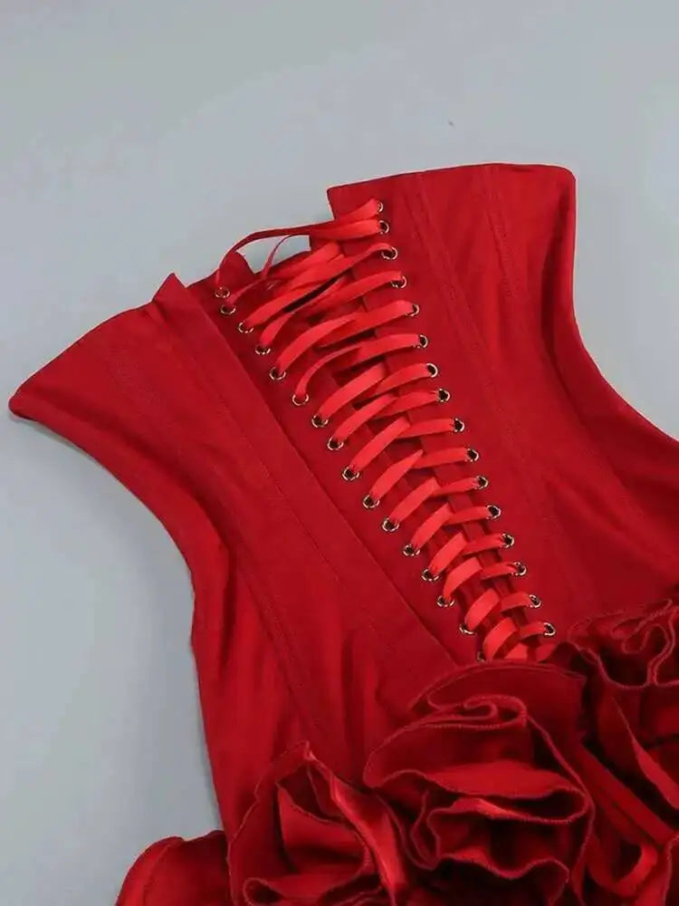 Backless Dress Patchwork Lace-Up Short With Appliques — Red | KIMLUD