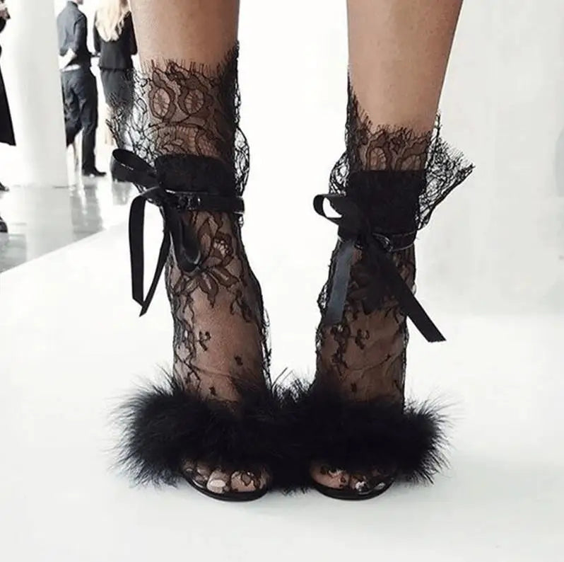 Lace Mesh Socks Floral Transparent — Black | KIMLUD