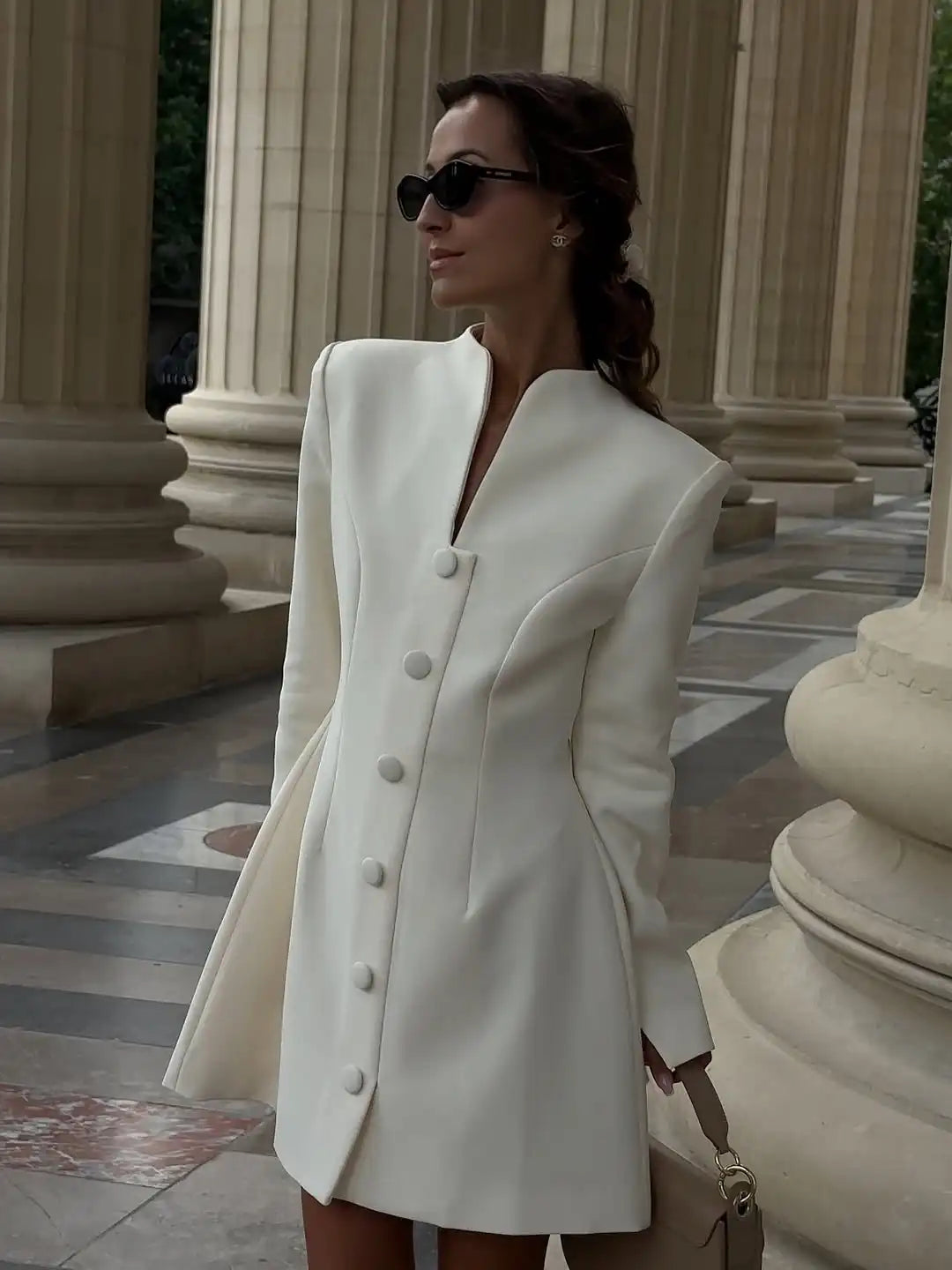 White Single Breasted A-line Mini Dress Women Elegant Solid Color Waist Pleated Short Dresses Daily Chic Evening Dinner Gowns