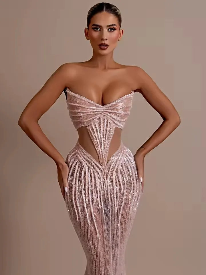 Evening Dress – Strapless Beaded Sequin – Mermaid – Red | KIMLUD