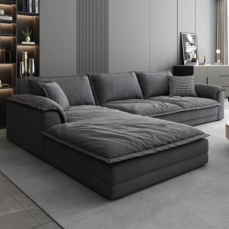 Velvet L-Shape Sofa Oversized Minimalist Modern Designer Lounge — Dark Charcoal Gray | KIMLUD