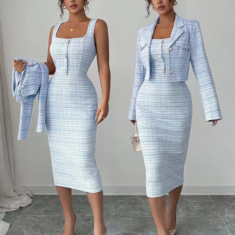Two-Piece Dress Set – Reversible Collar – Knee-Length Polyester | KIMLUD