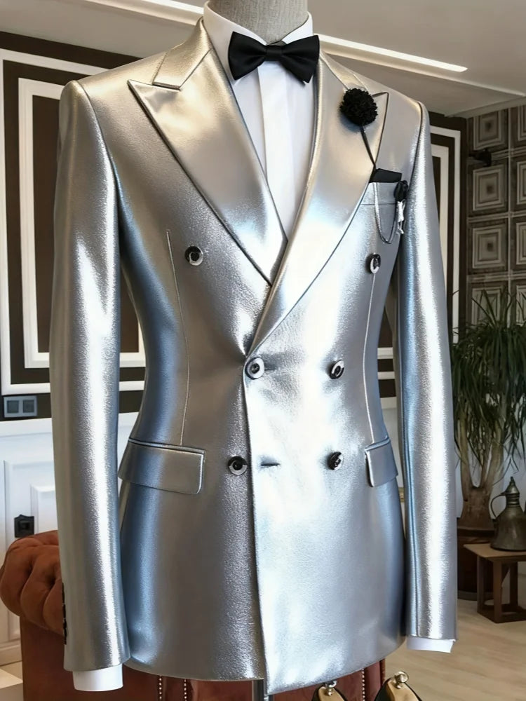 Men's Double Breasted Blazer – Slim Fit – Silver Metallic | KIMLUD
