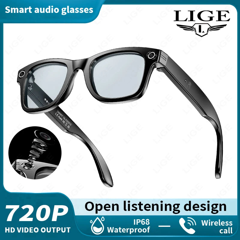 LIGE Camera Smart Sunglasses Video Recording AI Photo Recognition Eyeglasses Wireless Bluetooth Call Glasses Sports Headphones