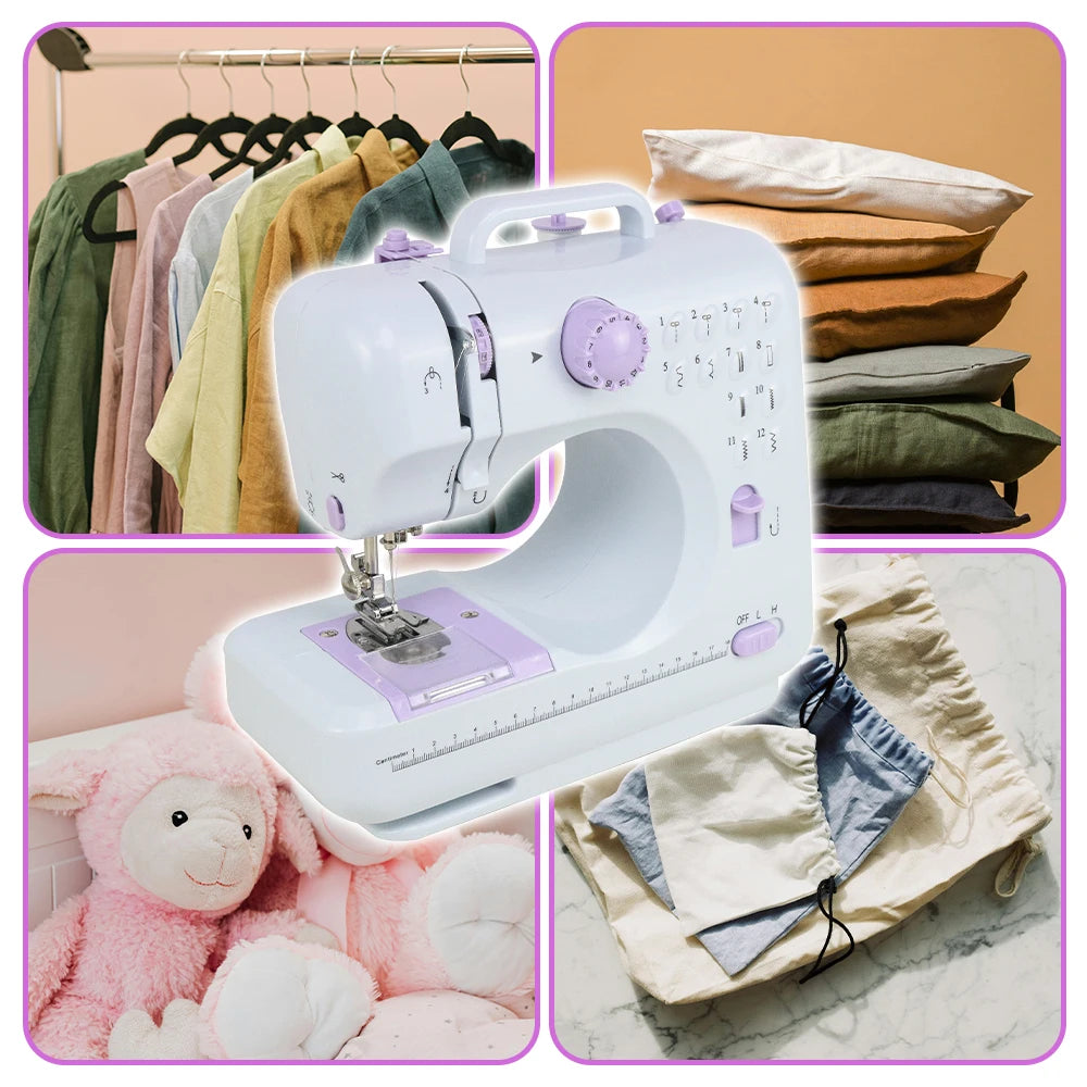 Portable Mini Electric Sewing Machine for Beginners 12 Stitches Foot Pedal Night Light Speed Control for DIY Home Sewing Mending
