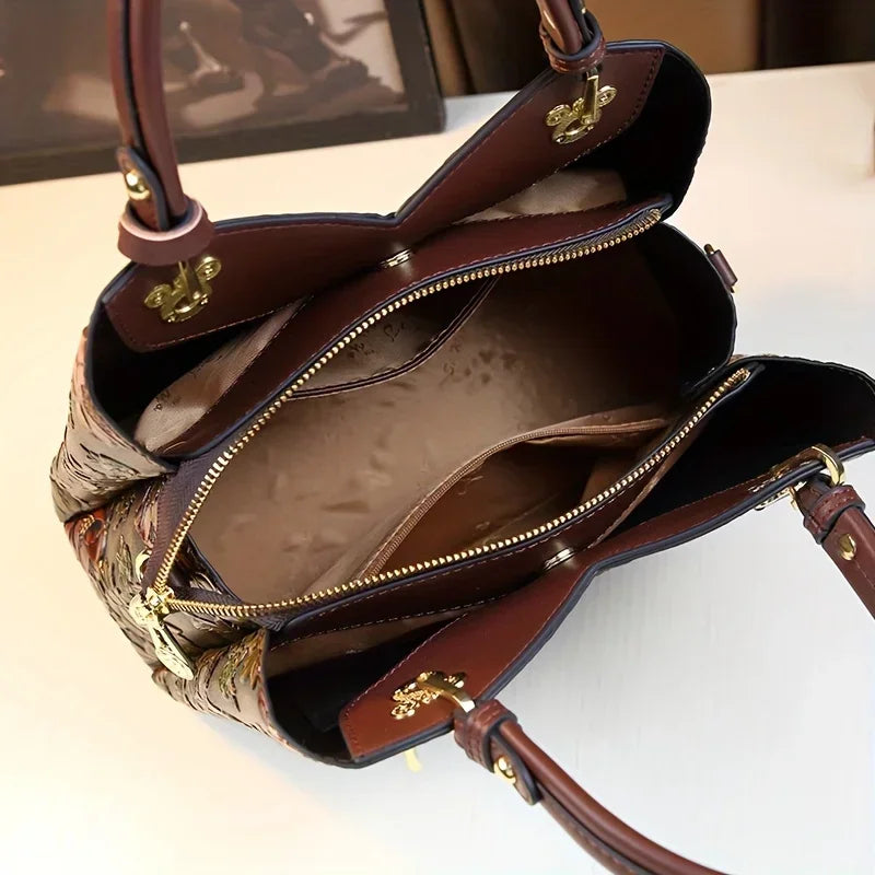 PU Leather Tote Bag Crossbody Floral Pattern — Black | KIMLUD