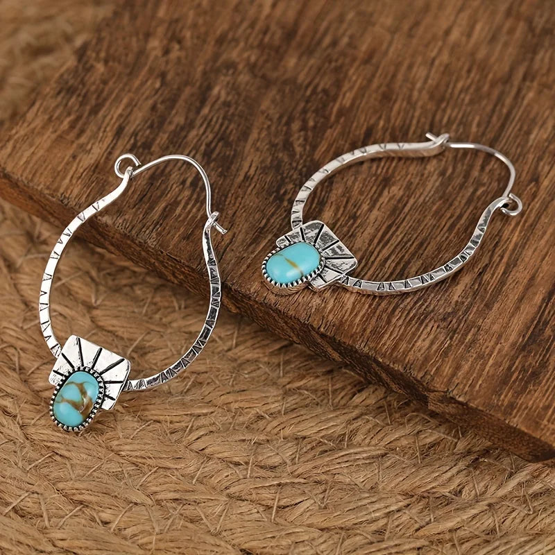 Boho-Chic Hoop Earrings - Silvery Plated, Synthetic Gemstone Inlay, Zinc Alloy - Perfect for Casual Attire & Gifting