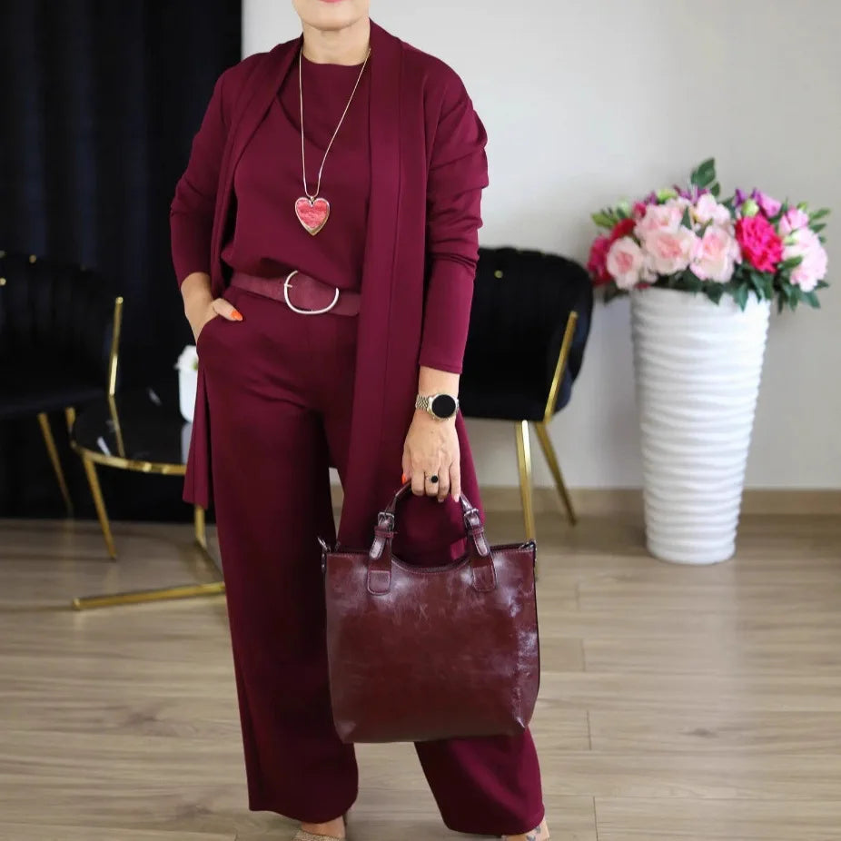 Three Piece Pant Set – Round Neck Top and Coat – Wide Leg High Waist – Broadcloth | KIMLUD