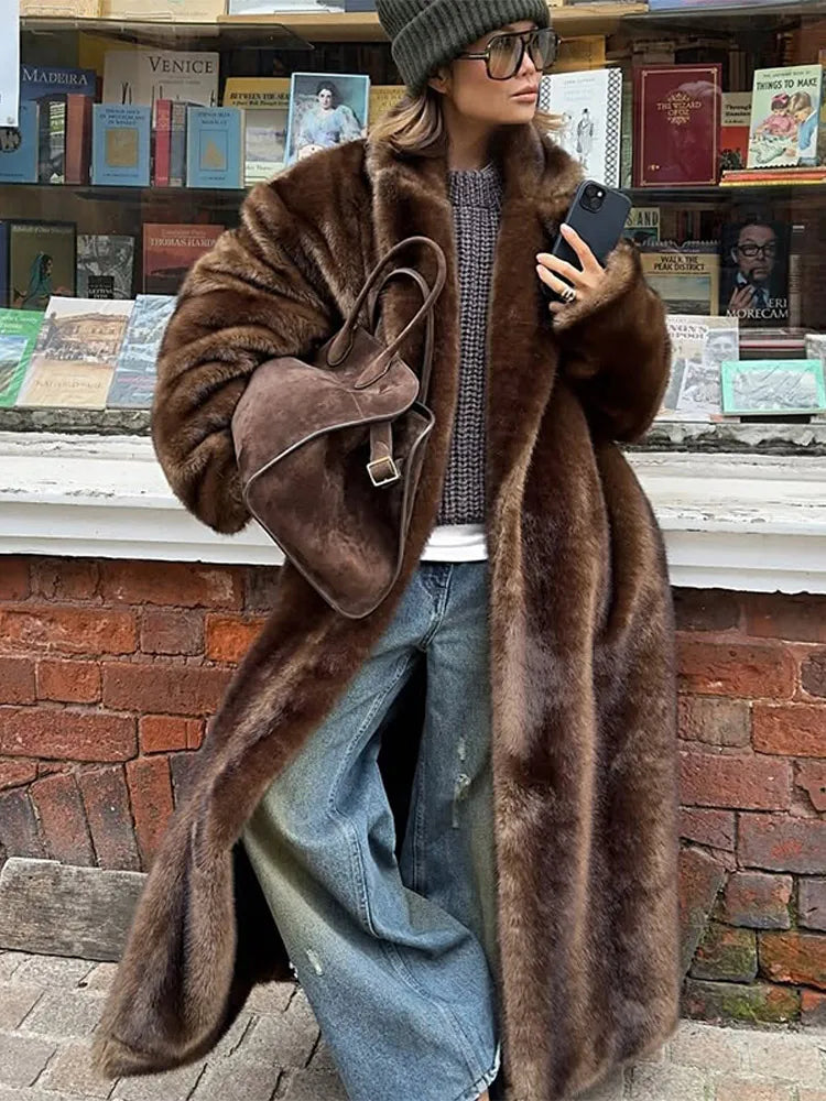 Faux Fur Coat – Turn-Down Collar – Man-Made Fiber – Mixed Color | KIMLUD