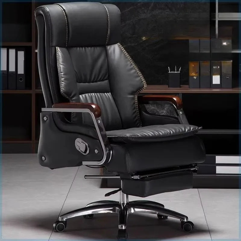 Full-Grain Leather Office Chair Nordic Ergonomic Deluxe Swivel Recliner — Black | KIMLUD
