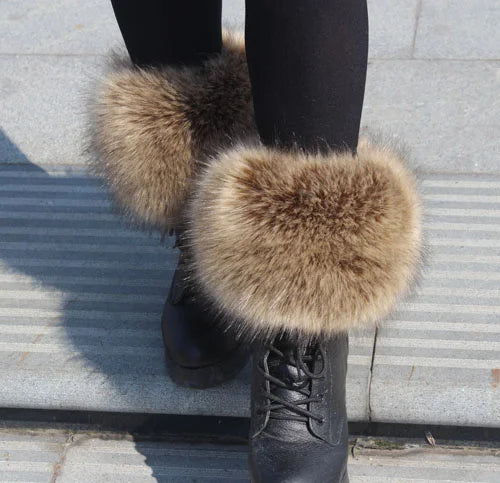 Faux Fur Boots Leg Warmer Cuffs Elastic DIY Accessory — Black | KIMLUD