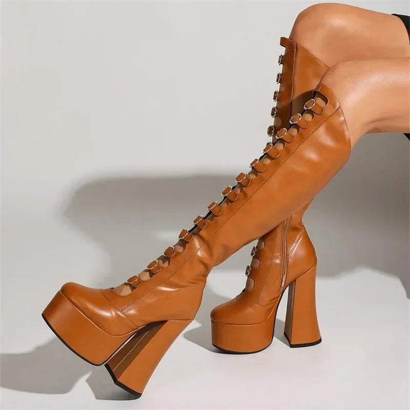 PU Knee-High Mary Jane Boots Belt Buckle Patchwork — Warm Tan | KIMLUD