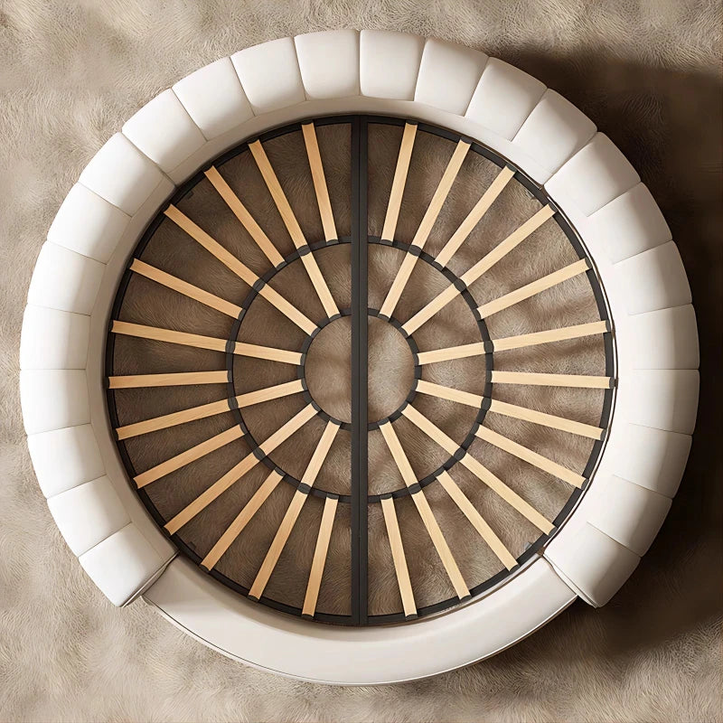 Ivory-Cream Upholstered Round Bed Built-In Backrest — Ivory-Cream | KIMLUD