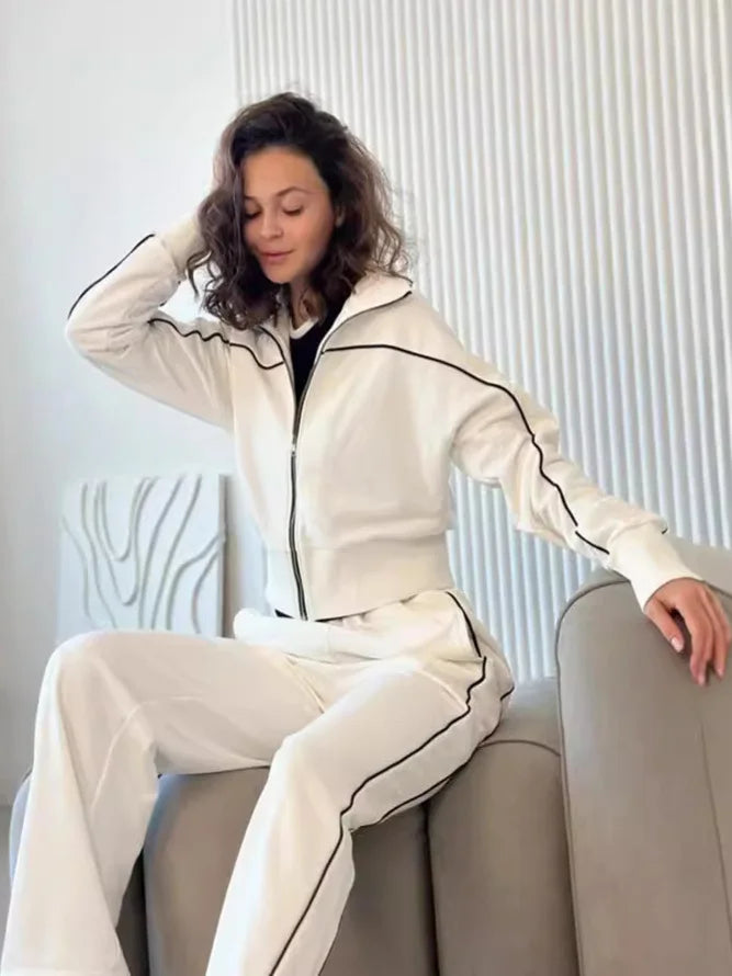 Soft Knit Two Piece Set Striped Zip Hoodie With Piping On Sleeves And Wide-Leg Elastic Pants — Charcoal Gray | KIMLUD