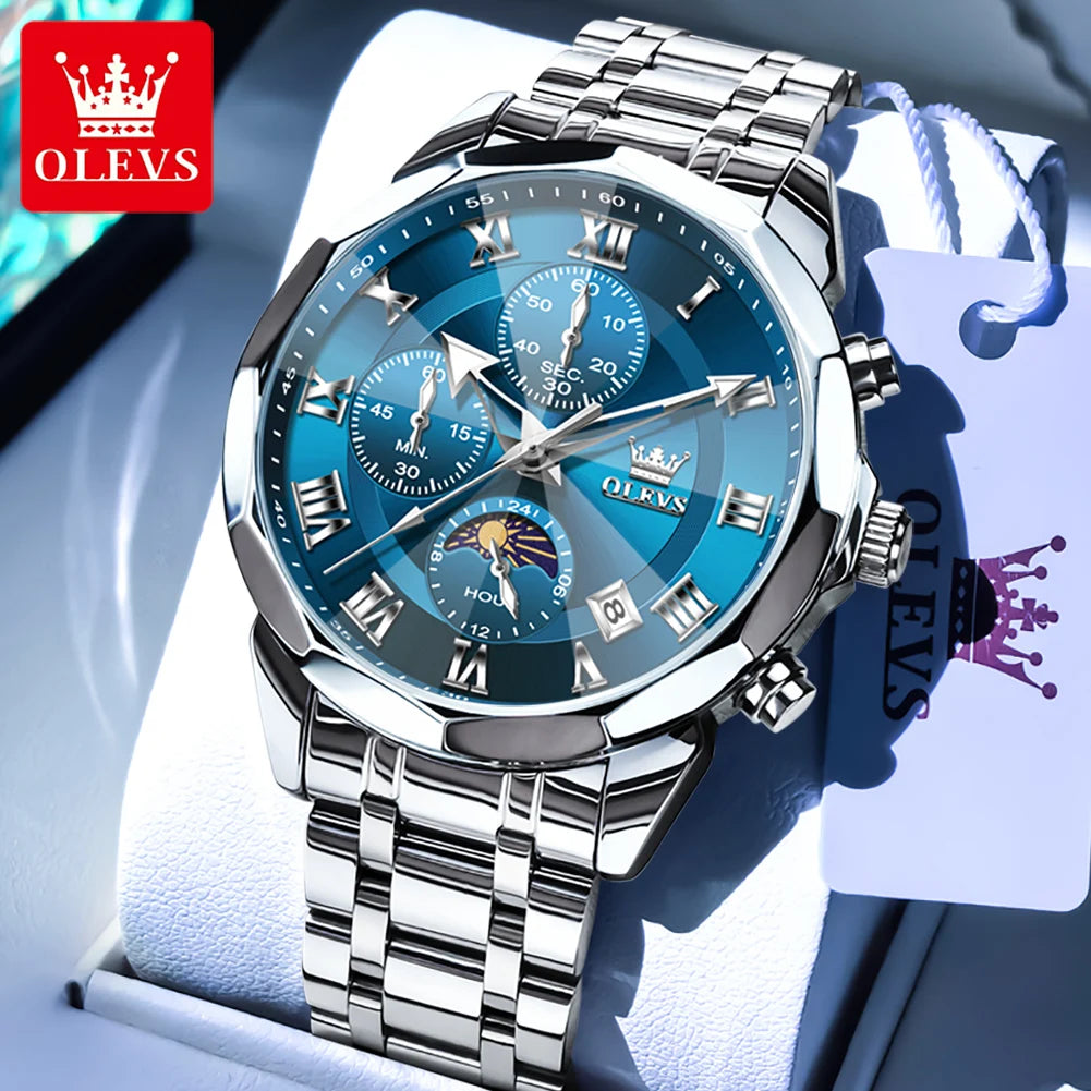 OLEVS 3675 Mens Watch Original Business Brand Quartz Watch Multifunctional Chronograph Waterproof Moon Phase Watch For Man New