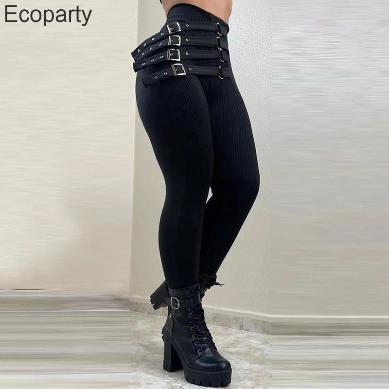 New Women's High Waist Pencil Pants Fashion Black Gothic Slim Leggings With Metal Buckle Y2k Vintage Trousers For Women