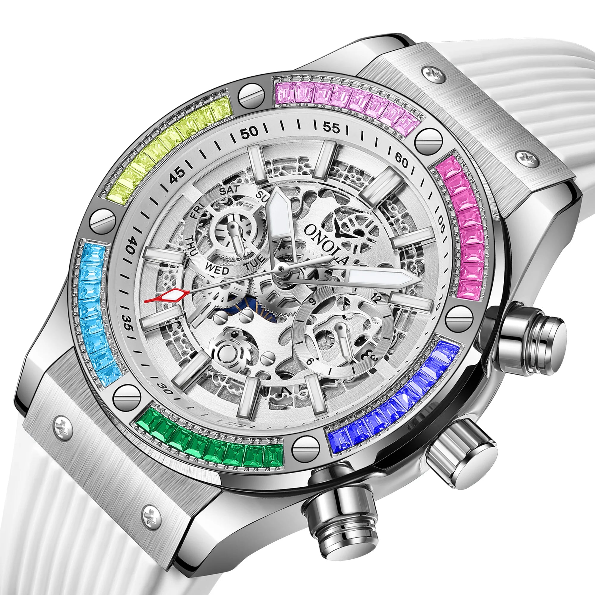 ONOLA 6855 Luxury Men Automatic Mechanical Watch High End Leisure Color Diamond Night Light Week Sports Watches for Man