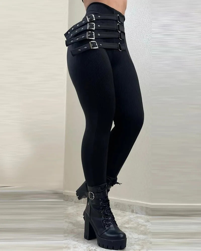 New Women's High Waist Pencil Pants Fashion Black Gothic Slim Leggings With Metal Buckle Y2k Vintage Trousers For Women