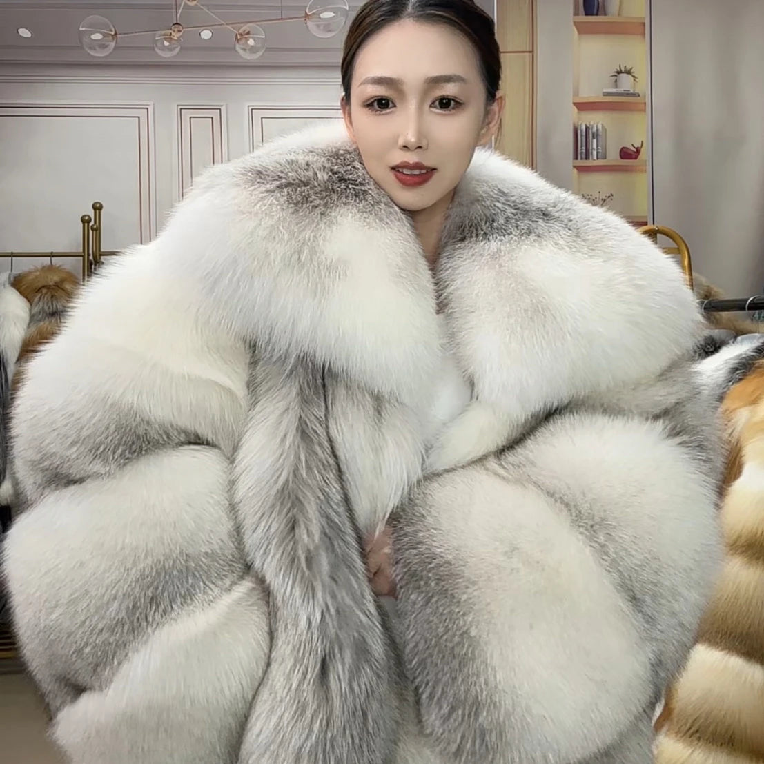 Coat – Fox Fur Collar – Silk | KIMLUD
