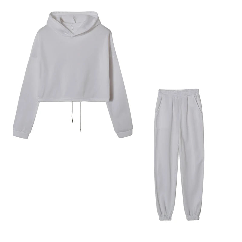Polyester-Cotton Two-Piece Set Cropped Hooded Top and Joggers — Rose Pink | KIMLUD