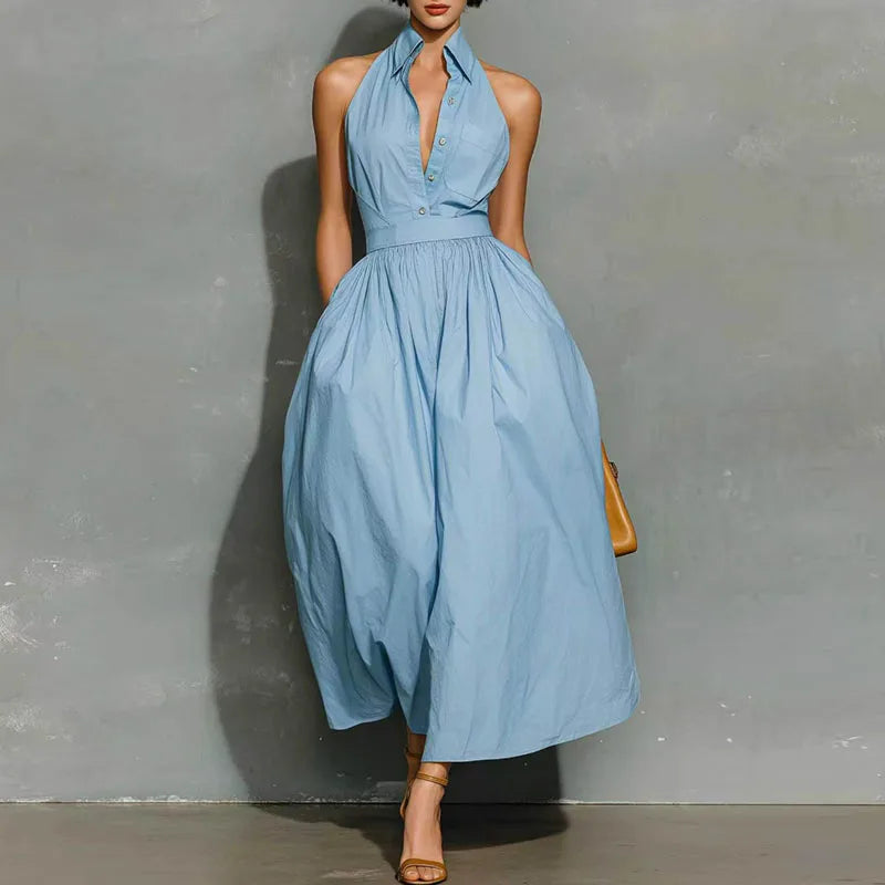 Polyester Sleeveless Solid Maxi Dress — Black | KIMLUD