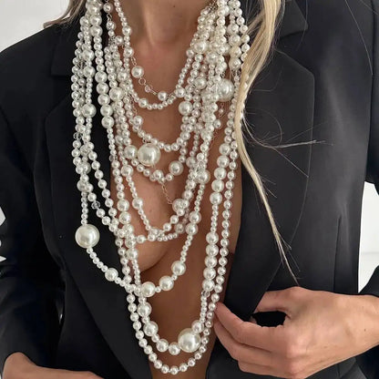 Layered Pearl Choker Necklace – Long Tassel Pendant – Pearl | KIMLUD