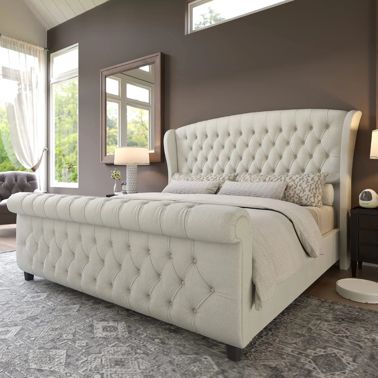 Chenille Upholstered Sleigh Bed Solid — Ivory | KIMLUD