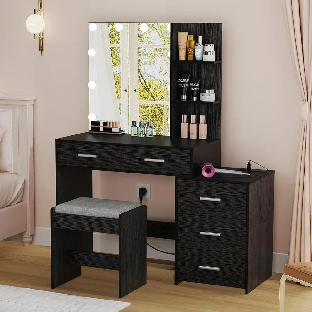 Large Vanity Desk with Mirror & 10 LED Lights, Makeup Vanity Dressing Table with Power Strip, Storage Shelves & 5 Drawers