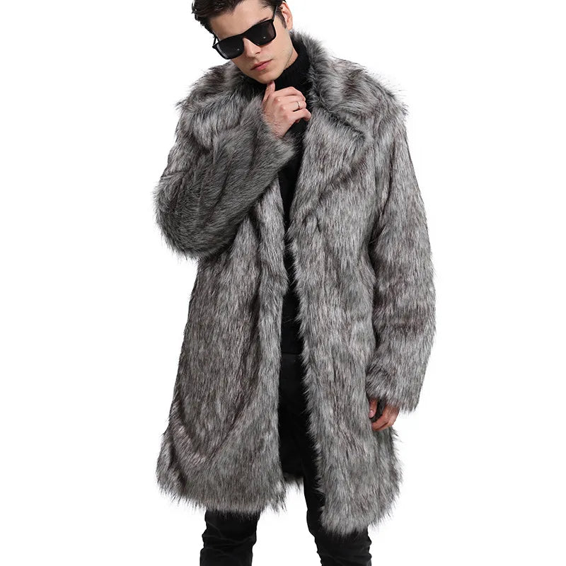 Men's Faux Fur Long Overcoat – Large Lapel Fur – Worsted | KIMLUD
