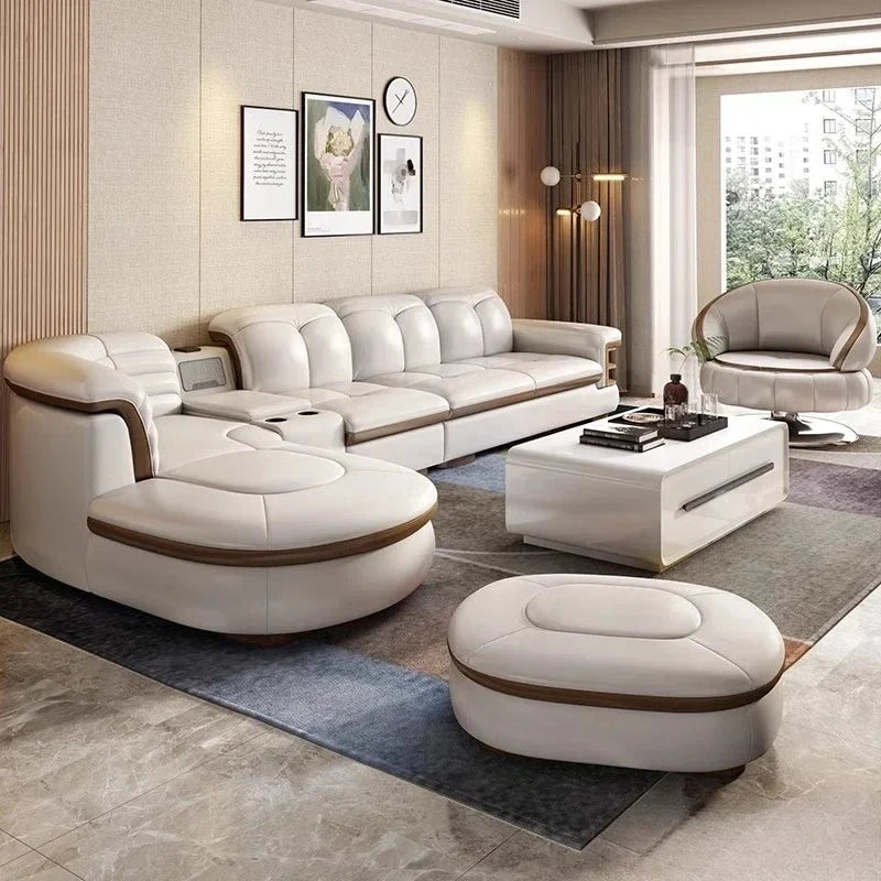 Genuine Leather Solid L-Shaped Sofa — Black | KIMLUD