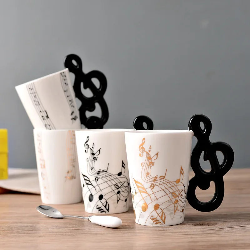 Bone China Mug With Music Note Motif And Delicate Guitar Handle — White | KIMLUD