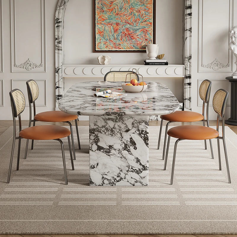 Luxury French Rectangle Marble Table, Cream Aesthetic Designer Villa Furniture, Trendy Natural Stone Dining Table