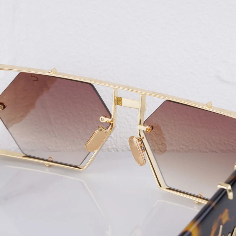Metal Hexagon Sunglasses With Acetate Frame — Tortoiseshell Brown | KIMLUD