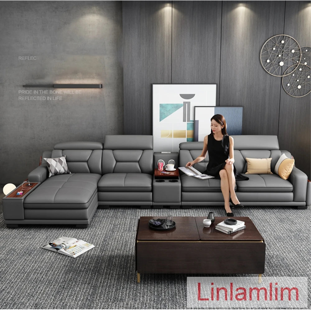 Italian Genuine Leather Sofa Featuring Bluetooth Speaker — Slate Gray | KIMLUD