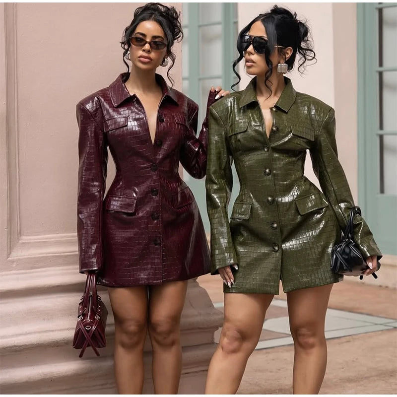 2026 Spring New Leather Blazer Mini Dress For Women Chic Lapel Long Sleeve Pockets Suit Jacket Lady Chic Single Breasted Outwear