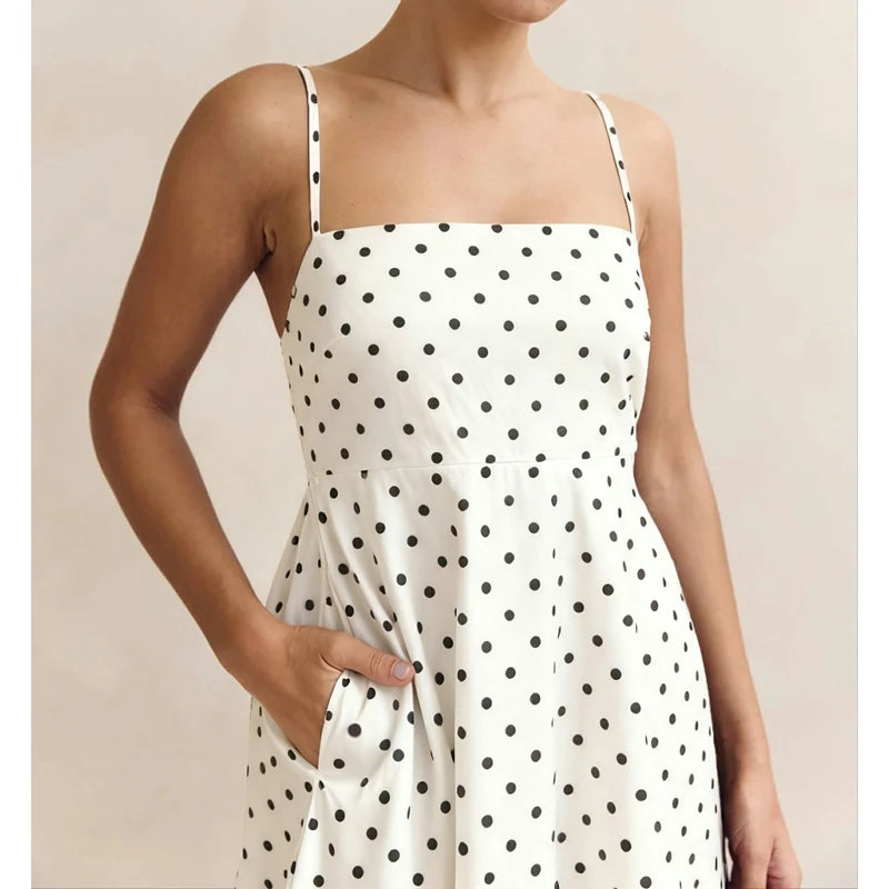 A-Line Dot Print Slip Dress Spaghetti Strap — Brown With White Dots | KIMLUD